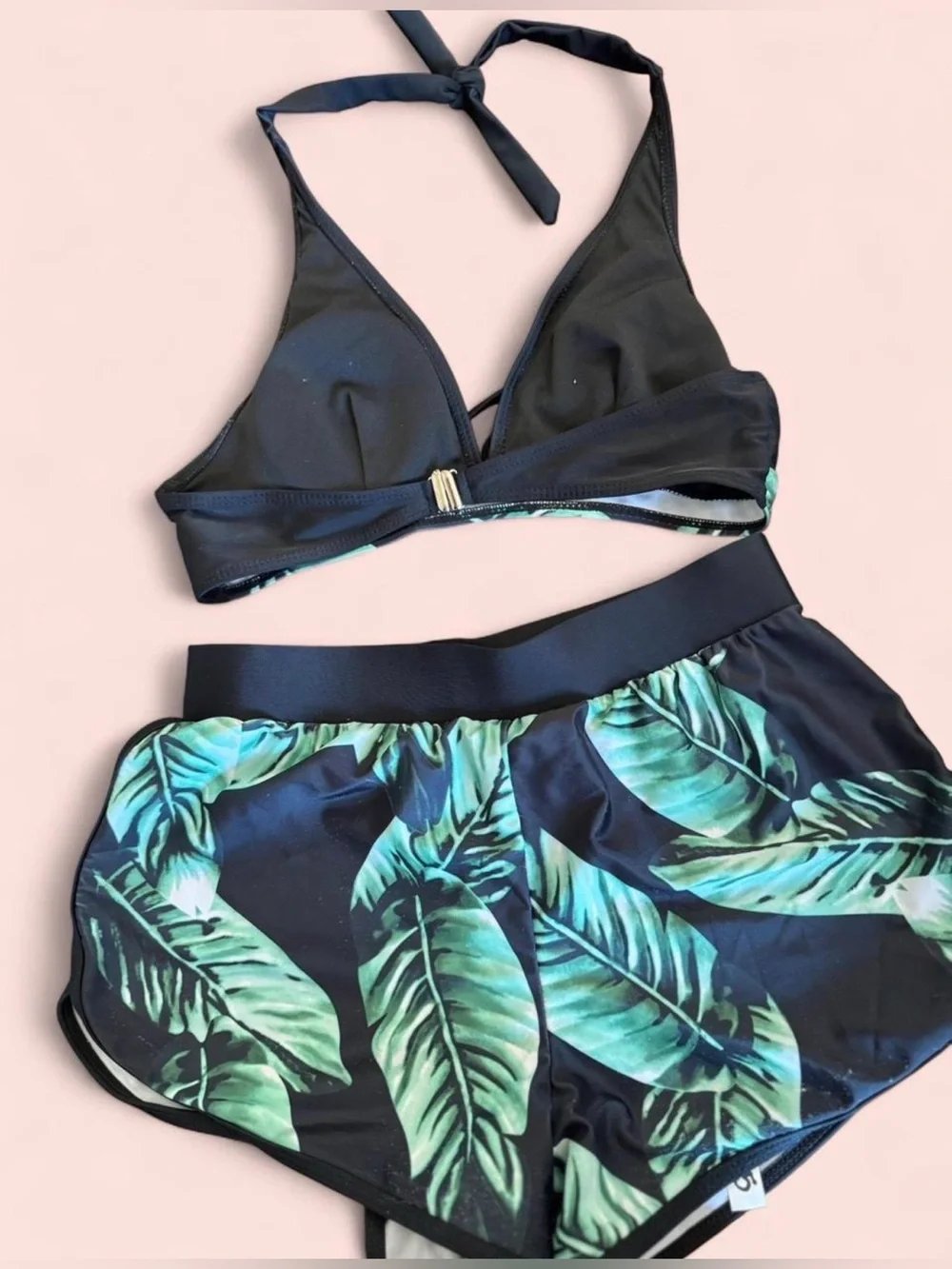 Women’s Tropical Leaf Halter Bikini & Swim Shorts Set (Size: Small)